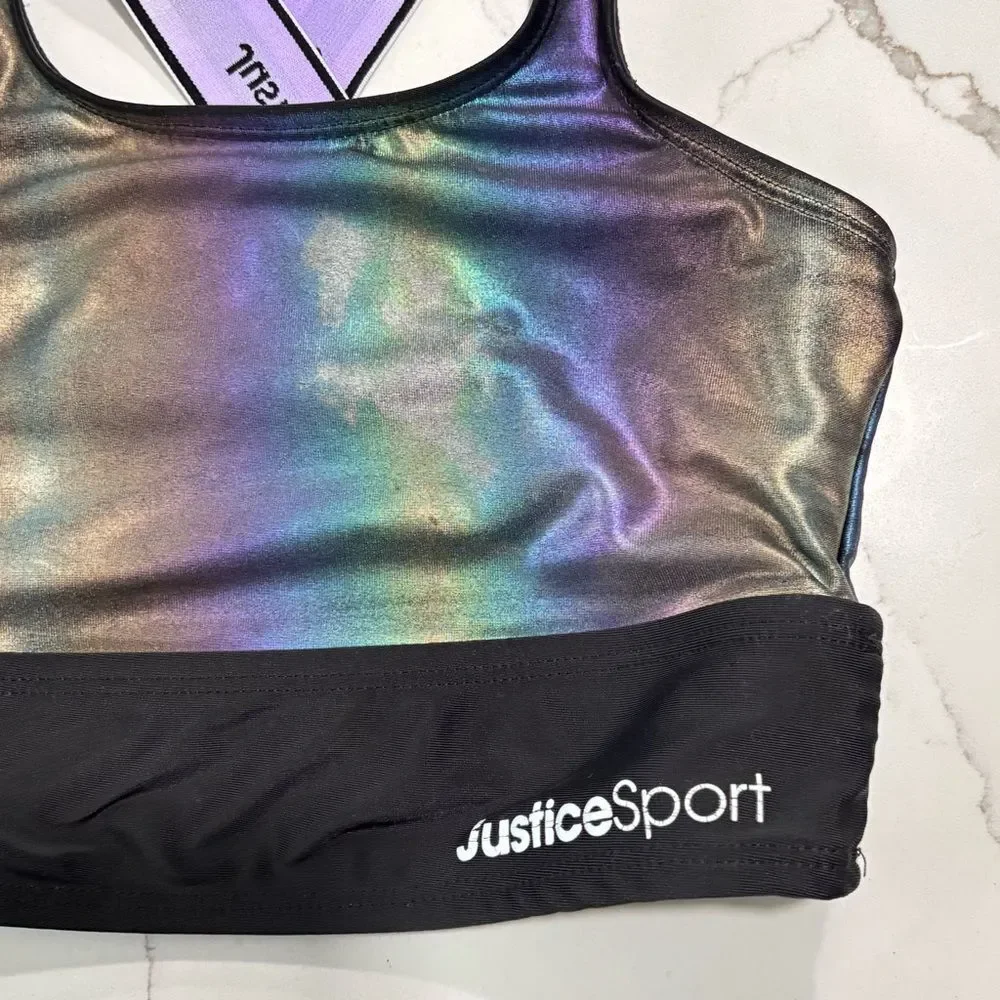 Justice Sport Girls Black Shimmery Takini Swim Top Bikini Size S 7/8 Sports Bra